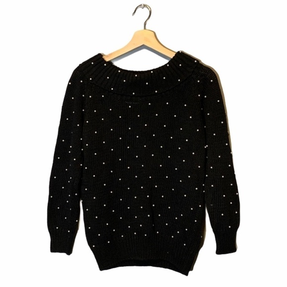Vintage Sweater Womens Medium Pearl Knit Novelty Black Wide Neck Classic 80s - Picture 1 of 6